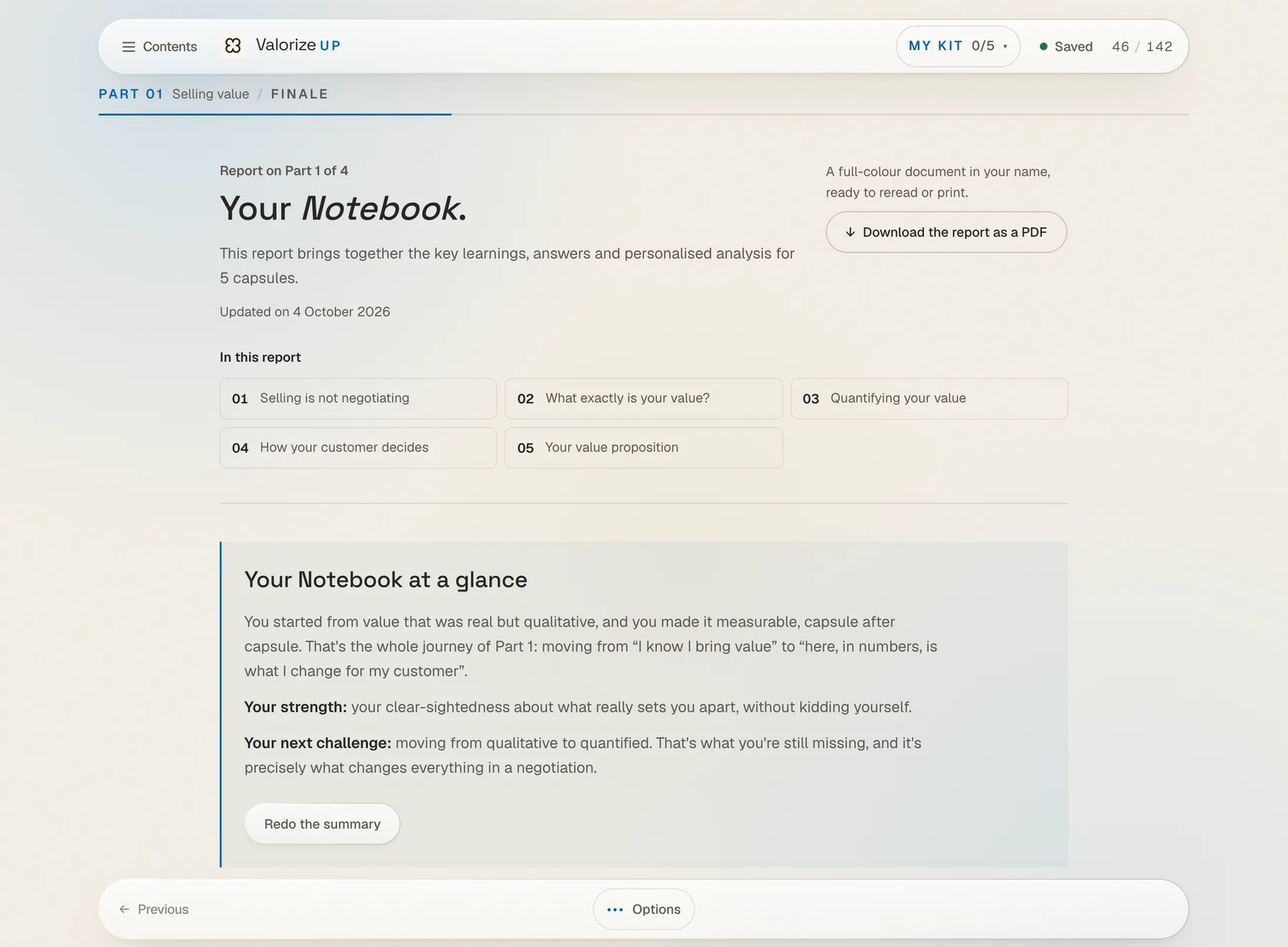The Value Drive module: your notebook, with the capsules completed and the personalised summary.